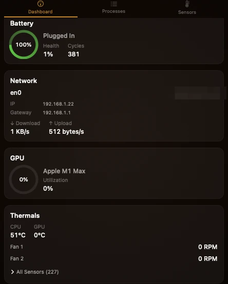 Battery, network, GPU and thermals — including the battery health figure reading 1%, and a fan section reporting 0 RPM at 51 °C. The MAC address is pixelated out