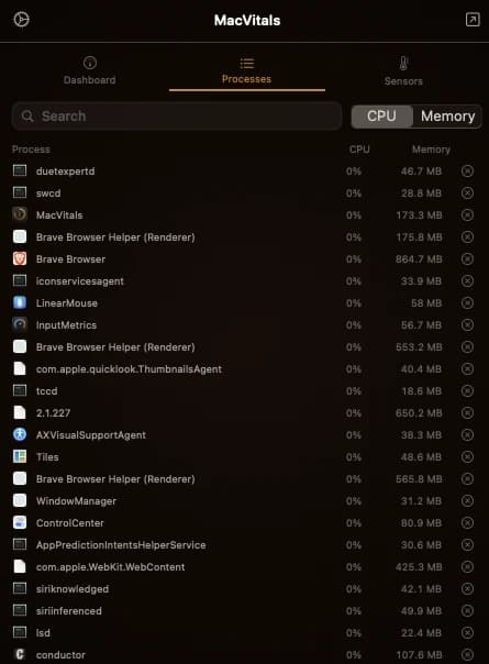 The Processes tab, sorted by CPU, with per-process usage derived from the delta of proc_pidinfo user and system nanoseconds
