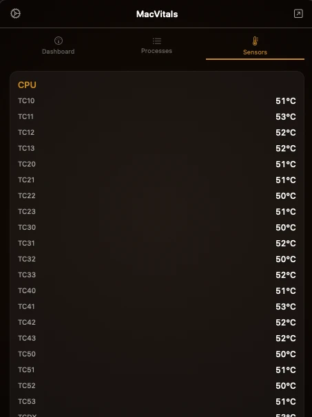 The Sensors tab: temperature keys the app discovered on this machine, grouped under CPU and shown by their raw four-character SMC names because no label was found for them