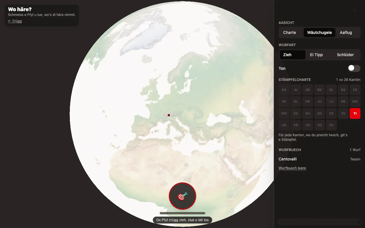 The Wäutchugele view: a MapLibre globe projection with the landed dart marked over Switzerland