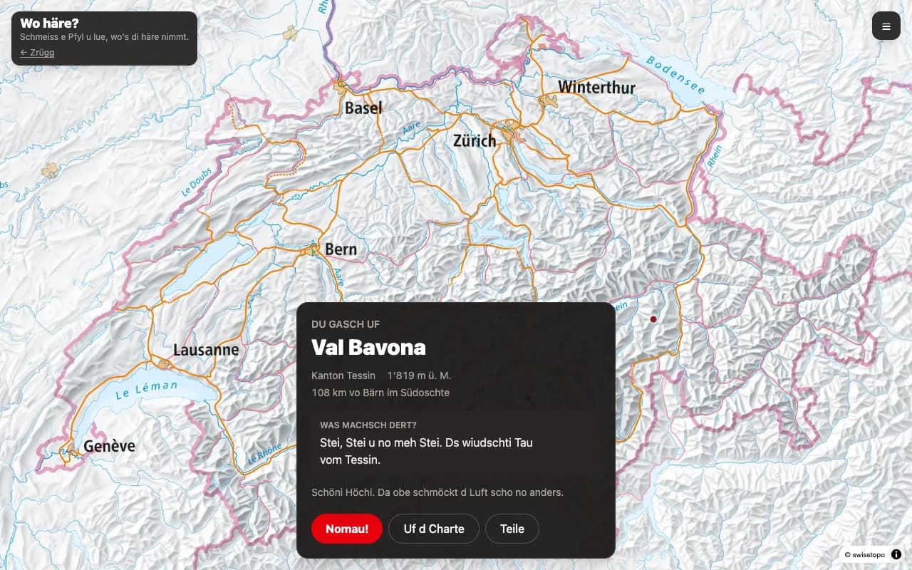 The result card after a throw landed in Val Bavona, Ticino, 1819 m above sea level and 108 km from Bern